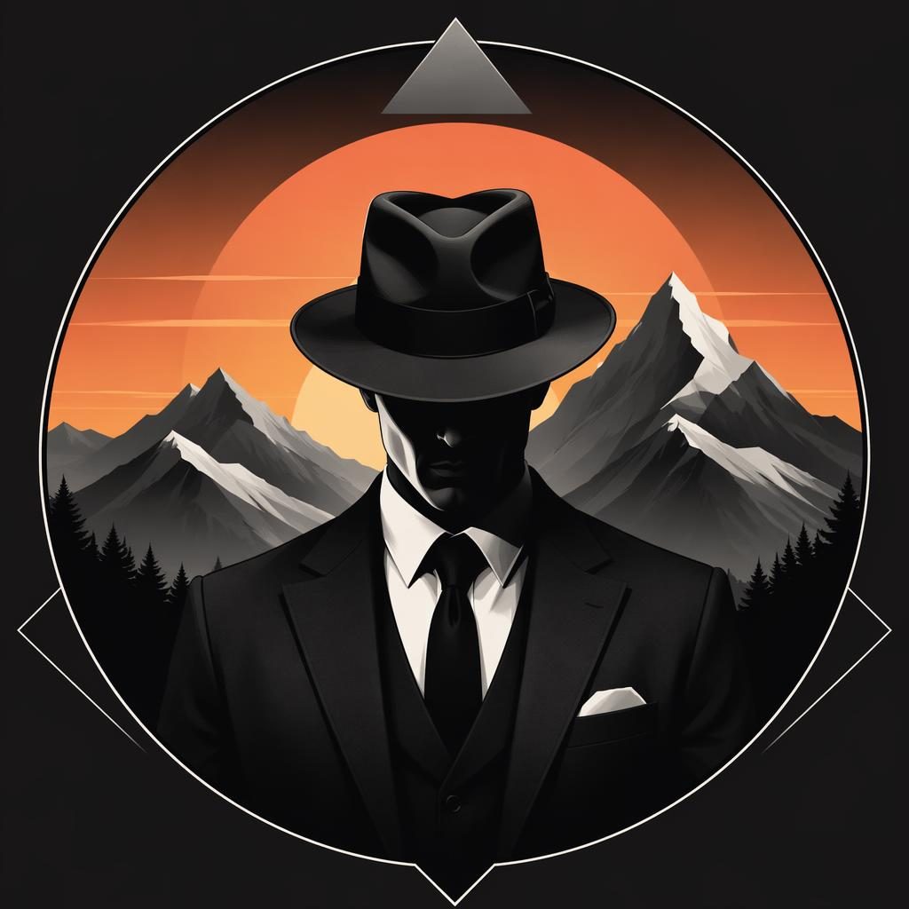 Avatar ilustrado en blanco y negro estilo noir, personaje centrado con patrón geométrico y fondo degradado al atardecer.