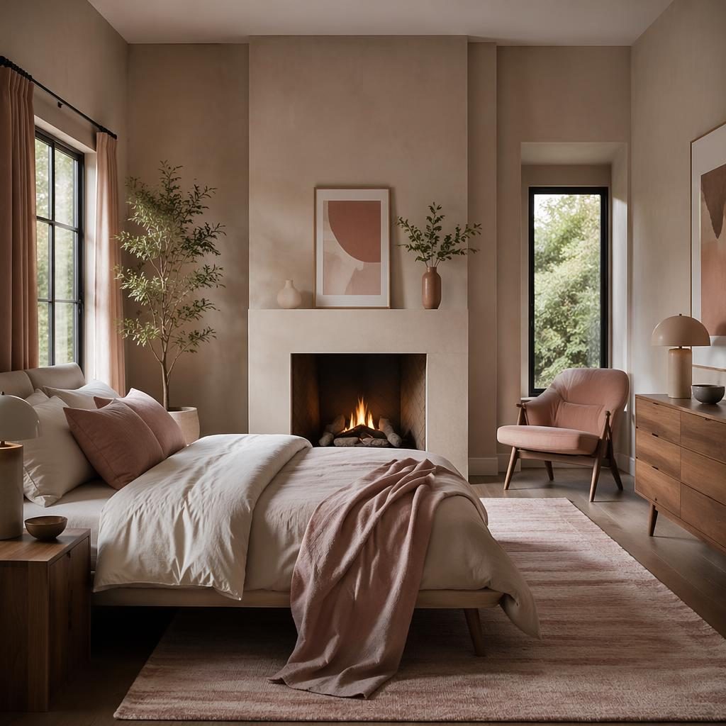 Pastel pink and beige mid-century bedroom with fireplace, warm neutrals, natural materials, plants, art and textiles.