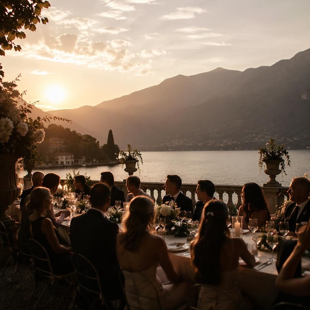 Détails de réception de mariage sur un balcon de villa au lac de Côme, lumière dorée du coucher de soleil